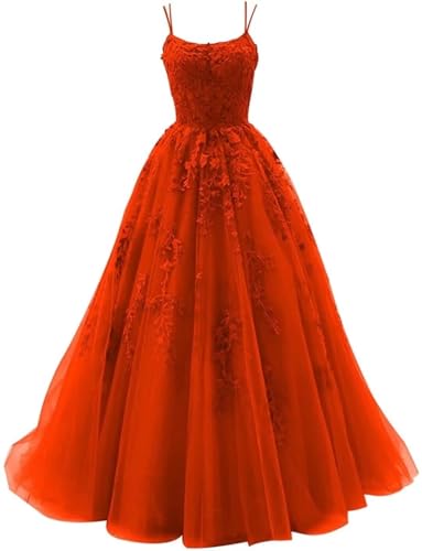 Sincemeet Damen Ballkleid aus Tüll mit Spaghettiträgern Lange Spitzenapplikationen Ballkleider A Linie formelle Party Abendkleider Ballkleider Damen Lang von Sincemeet