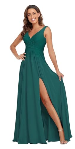 Sincemeet Damen Brautjungfernkleider V Ausschnitt Lange Chiffon Abendkleid mit Schlitz Cocktailkleid Elegant für Hochzeit von Sincemeet