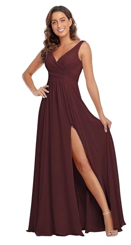 Sincemeet Damen Brautjungfernkleider V Ausschnitt Lange Chiffon Abendkleid mit Schlitz Cocktailkleid Elegant für Hochzeit von Sincemeet