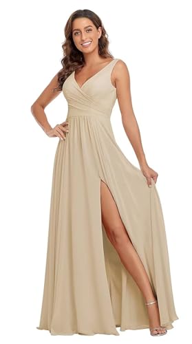 Sincemeet Damen Brautjungfernkleider V Ausschnitt Lange Chiffon Abendkleid mit Schlitz Cocktailkleid Elegant für Hochzeit von Sincemeet