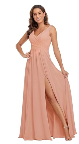 Sincemeet Damen Brautjungfernkleider V Ausschnitt Lange Chiffon Abendkleid mit Schlitz Cocktailkleid Elegant für Hochzeit von Sincemeet