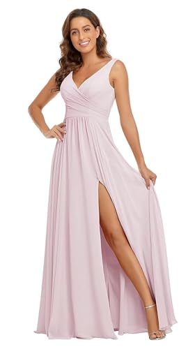 Sincemeet Damen Brautjungfernkleider V Ausschnitt Lange Chiffon Abendkleid mit Schlitz Cocktailkleid Elegant für Hochzeit von Sincemeet