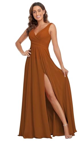 Sincemeet Damen Brautjungfernkleider V Ausschnitt Lange Chiffon Abendkleid mit Schlitz Cocktailkleid Elegant für Hochzeit von Sincemeet