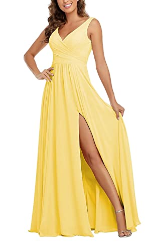 Sincemeet Damen Brautjungfernkleider V Ausschnitt Lange Chiffon Abendkleid mit Schlitz Cocktailkleid Elegant für Hochzeit von Sincemeet