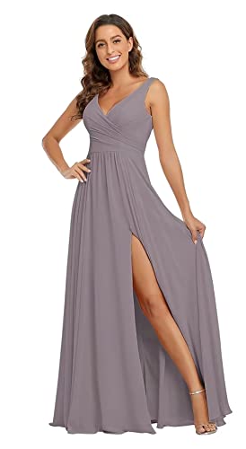 Sincemeet Damen Brautjungfernkleider V Ausschnitt Lange Chiffon Abendkleid mit Schlitz Cocktailkleid Elegant für Hochzeit von Sincemeet