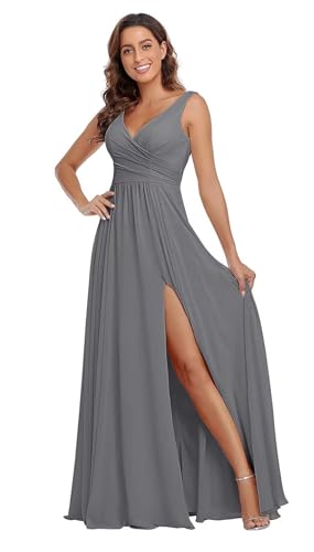 Sincemeet Damen Brautjungfernkleider V Ausschnitt Lange Chiffon Abendkleid mit Schlitz Cocktailkleid Elegant für Hochzeit von Sincemeet