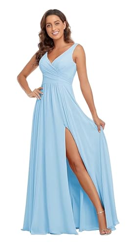 Sincemeet Damen Brautjungfernkleider V Ausschnitt Lange Chiffon Abendkleid mit Schlitz Cocktailkleid Elegant für Hochzeit von Sincemeet