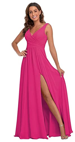 Sincemeet Damen Brautjungfernkleider V Ausschnitt Lange Chiffon Abendkleid mit Schlitz Cocktailkleid Elegant für Hochzeit von Sincemeet