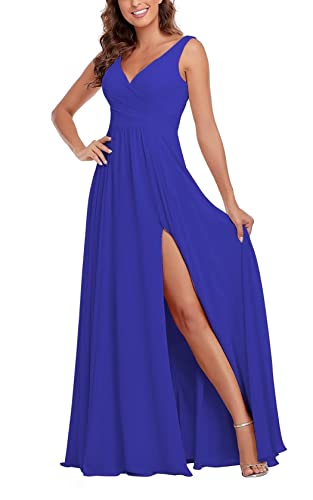 Sincemeet Damen Brautjungfernkleider V Ausschnitt Lange Chiffon Abendkleid mit Schlitz Cocktailkleid Elegant für Hochzeit von Sincemeet