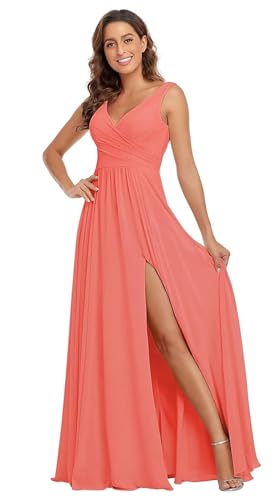 Sincemeet Damen Brautjungfernkleider V Ausschnitt Lange Chiffon Abendkleid mit Schlitz Cocktailkleid Elegant für Hochzeit von Sincemeet