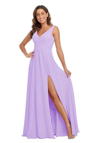 Sincemeet Damen Brautjungfernkleider V Ausschnitt Lange Chiffon Abendkleid mit Schlitz Cocktailkleid Elegant für Hochzeit von Sincemeet