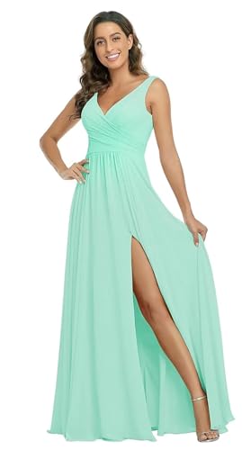 Sincemeet Damen Brautjungfernkleider V Ausschnitt Lange Chiffon Abendkleid mit Schlitz Cocktailkleid Elegant für Hochzeit von Sincemeet