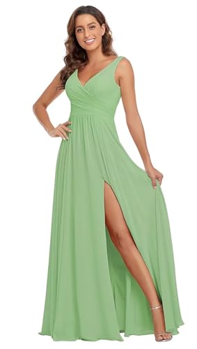 Sincemeet Damen Brautjungfernkleider V Ausschnitt Lange Chiffon Abendkleid mit Schlitz Cocktailkleid Elegant für Hochzeit von Sincemeet