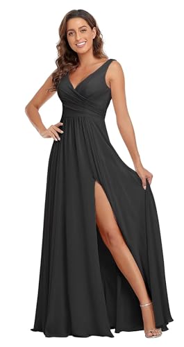 Sincemeet Damen Brautjungfernkleider V Ausschnitt Lange Chiffon Abendkleid mit Schlitz Cocktailkleid Elegant für Hochzeit von Sincemeet