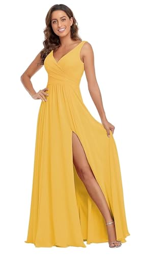 Sincemeet Damen Brautjungfernkleider V Ausschnitt Lange Chiffon Abendkleid mit Schlitz Cocktailkleid Elegant für Hochzeit von Sincemeet