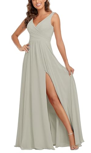 Sincemeet Damen Brautjungfernkleider V Ausschnitt Lange Chiffon Abendkleid mit Schlitz Cocktailkleid Elegant für Hochzeit von Sincemeet