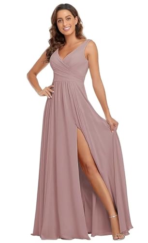 Sincemeet Damen Brautjungfernkleider V Ausschnitt Lange Chiffon Abendkleid mit Schlitz Cocktailkleid Elegant für Hochzeit von Sincemeet