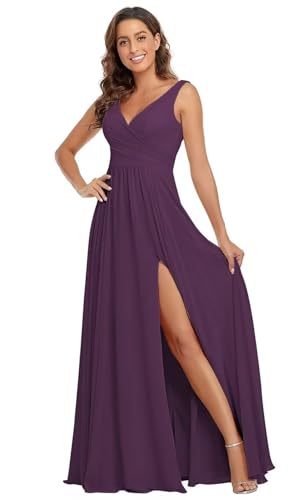 Sincemeet Damen Brautjungfernkleider V Ausschnitt Lange Chiffon Abendkleid mit Schlitz Cocktailkleid Elegant für Hochzeit von Sincemeet