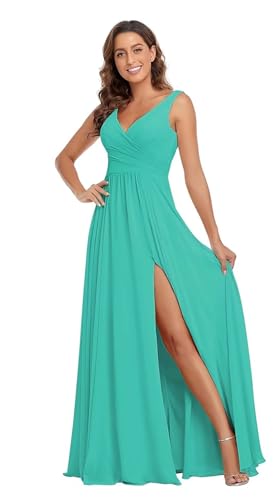 Sincemeet Damen Brautjungfernkleider V Ausschnitt Lange Chiffon Abendkleid mit Schlitz Cocktailkleid Elegant für Hochzeit von Sincemeet