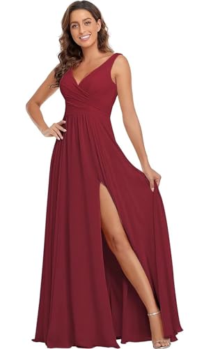 Sincemeet Damen Brautjungfernkleider V Ausschnitt Lange Chiffon Abendkleid mit Schlitz Cocktailkleid Elegant für Hochzeit von Sincemeet