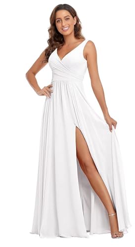 Sincemeet Damen Brautjungfernkleider V Ausschnitt Lange Chiffon Abendkleid mit Schlitz Cocktailkleid Elegant für Hochzeit von Sincemeet