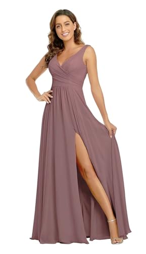 Sincemeet Damen Brautjungfernkleider V Ausschnitt Lange Chiffon Abendkleid mit Schlitz Cocktailkleid Elegant für Hochzeit von Sincemeet