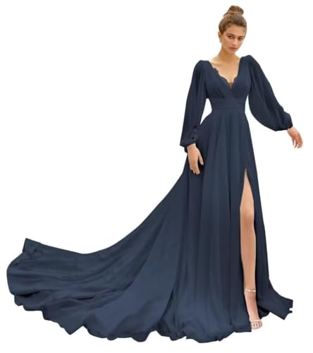 Sincemeet Damen Brautjungfernkleider mit Langen Ärmeln Chiffon mit tiefem V-Ausschnitt Formelles Kleid mit Schlitz Sincemeet Damen Brautjungfernkleider mit Langen Ärmeln Chiffon mit tiefem V-Ausschnitt Formelles Kleid mit Schlitz von Sincemeet