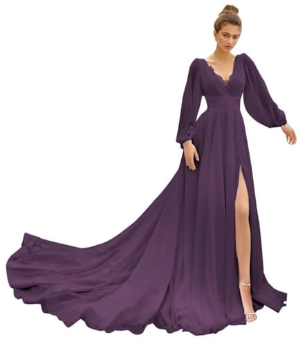 Sincemeet Damen Brautjungfernkleider mit Langen Ärmeln Chiffon mit tiefem V-Ausschnitt Formelles Kleid mit Schlitz Sincemeet Damen Brautjungfernkleider mit Langen Ärmeln Chiffon mit tiefem V-Ausschnitt Formelles Kleid mit Schlitz von Sincemeet