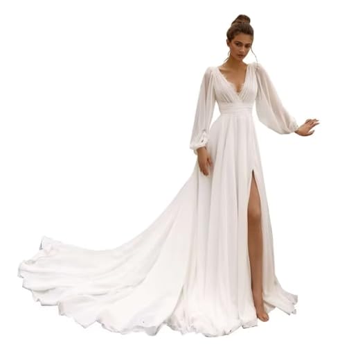 Sincemeet Damen Brautjungfernkleider mit Langen Ärmeln Chiffon mit tiefem V-Ausschnitt Formelles Kleid mit Schlitz von Sincemeet