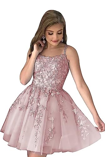 Sincemeet Damen Homecoming Tüll für Teens Kurzes Ballkleid mit Spitzenapplikationen Spaghetti Strap Mini Abendkleid von Sincemeet