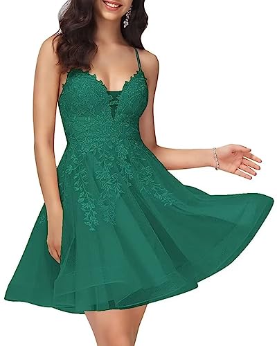 Sincemeet Damen Kurzes Ballkleid V-Ausschnitt Lace Appliques Abendkleid Spaghettiträger Tüll Homecoming Kleider von Sincemeet