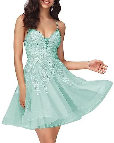 Sincemeet Damen Kurzes Ballkleid V-Ausschnitt Lace Appliques Abendkleid Spaghettiträger Tüll Homecoming Kleider von Sincemeet