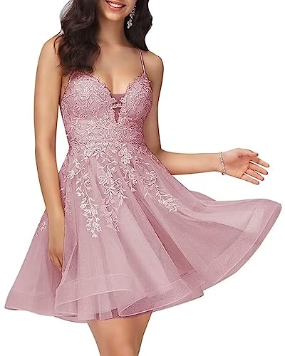 Sincemeet Damen Kurzes Ballkleid V-Ausschnitt Lace Appliques Abendkleid Spaghettiträger Tüll Homecoming Kleider von Sincemeet