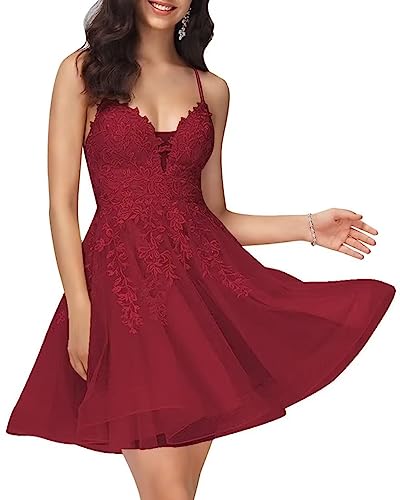 Sincemeet Damen Kurzes Ballkleid V-Ausschnitt Lace Appliques Abendkleid Spaghettiträger Tüll Homecoming Kleider von Sincemeet