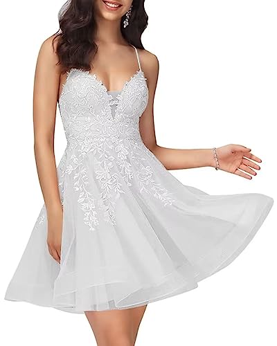 Sincemeet Damen Kurzes Ballkleid V-Ausschnitt Lace Appliques Abendkleid Spaghettiträger Tüll Homecoming Kleider von Sincemeet