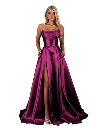 Sincemeet Damen Satin Ballkleider mit Schlitztaschen Ballkleider rückenfreies Ball Kleid Formelle Party Kleid Fuchsie Kleid Ballkleid Damen Abendkleider Lang trägerloses Korsett Abend von Sincemeet