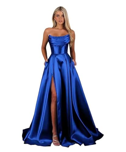 Sincemeet Damen Satin Ballkleider mit Schlitztaschen Ballkleider rückenfreies Ball Kleid Formelle Party Kleid Königsblau Kleid Ballkleid Damen Abendkleider Lang trägerloses Korsett Abend von Sincemeet