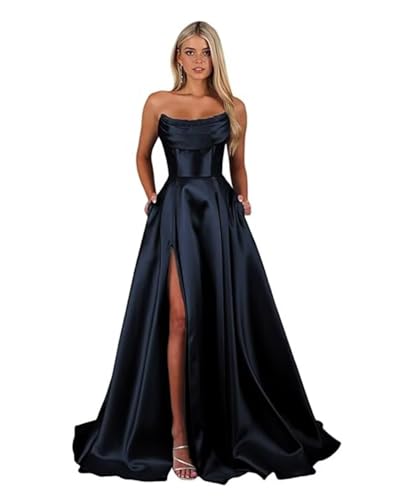 Sincemeet Damen Satin Ballkleider mit Schlitztaschen Ballkleider rückenfreies Ball Kleid Formelle Party Kleid Navy Kleid Ballkleid Damen Abendkleider Lang trägerloses Korsett Abend von Sincemeet