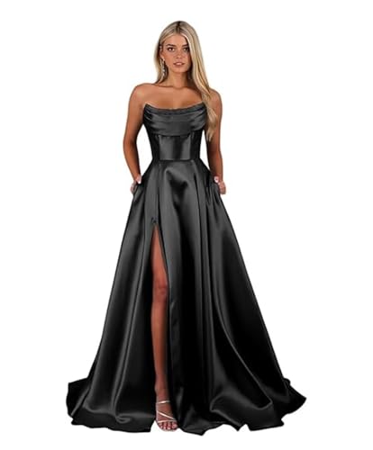 Sincemeet Damen Satin Ballkleider mit Schlitztaschen Ballkleider rückenfreies Ball Kleid Formelle Party Kleid Schwarz Kleid Ballkleid Damen Abendkleider Lang trägerloses Korsett Abend von Sincemeet