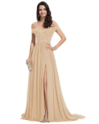 Sincemeet Damen Spitzen Ballkleid Lang Schulterfrei Abendkleid V-Ausschnitt Chiffon formelle Ballkleid mit Schlitz von Sincemeet