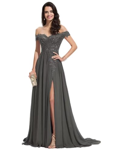 Sincemeet Damen Spitzen Ballkleid Lang Schulterfrei Abendkleid V-Ausschnitt Chiffon formelle Ballkleid mit Schlitz von Sincemeet