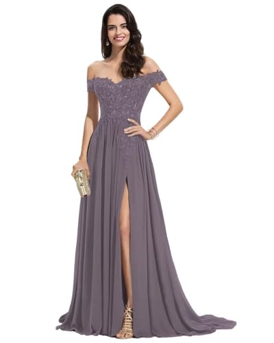 Sincemeet Damen Spitzen Ballkleid Lang Schulterfrei Abendkleid V-Ausschnitt Chiffon formelle Ballkleid mit Schlitz von Sincemeet