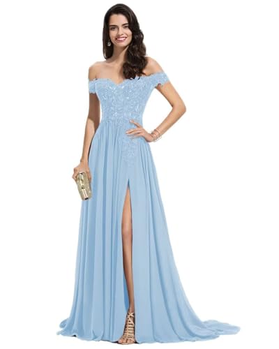Sincemeet Damen Spitzen Ballkleid Lang Schulterfrei Abendkleid V-Ausschnitt Chiffon formelle Ballkleid mit Schlitz Sincemeet Damen Spitzen Ballkleid Lang Schulterfrei Abendkleid V-Ausschnitt Chiffon formelle Ballkleid mit Schlitz von Sincemeet