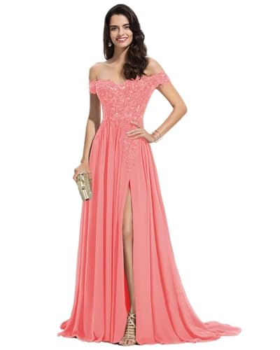 Sincemeet Damen Spitzen Ballkleid Lang Schulterfrei Abendkleid V-Ausschnitt Chiffon formelle Ballkleid mit Schlitz von Sincemeet