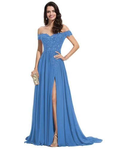 Sincemeet Damen Spitzen Ballkleid Lang Schulterfrei Abendkleid V-Ausschnitt Chiffon formelle Ballkleid mit Schlitz Sincemeet Damen Spitzen Ballkleid Lang Schulterfrei Abendkleid V-Ausschnitt Chiffon formelle Ballkleid mit Schlitz von Sincemeet