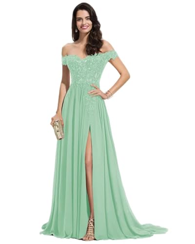 Sincemeet Damen Spitzen Ballkleid Lang Schulterfrei Abendkleid V-Ausschnitt Chiffon formelle Ballkleid mit Schlitz von Sincemeet