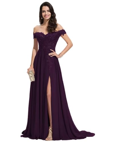 Sincemeet Damen Spitzen Ballkleid Lang Schulterfrei Abendkleid V-Ausschnitt Chiffon formelle Ballkleid mit Schlitz von Sincemeet