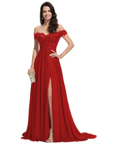 Sincemeet Damen Spitzen Ballkleid Lang Schulterfrei Abendkleid V-Ausschnitt Chiffon formelle Ballkleid mit Schlitz von Sincemeet