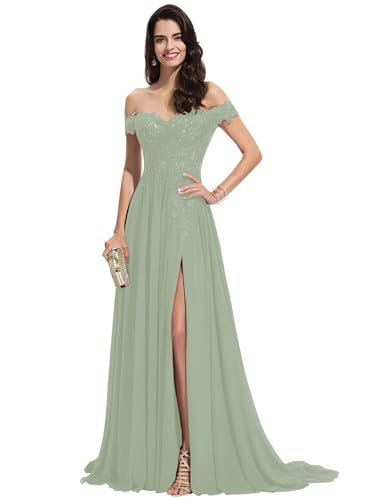 Sincemeet Damen Spitzen Ballkleid Lang Schulterfrei Abendkleid V-Ausschnitt Chiffon formelle Ballkleid mit Schlitz von Sincemeet