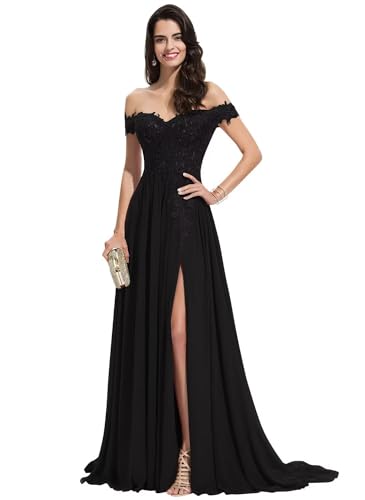 Sincemeet Damen Spitzen Ballkleid Lang Schulterfrei Abendkleid V-Ausschnitt Chiffon formelle Ballkleid mit Schlitz von Sincemeet